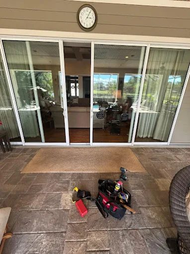 Job site setup for a multi-panel sliding door service call