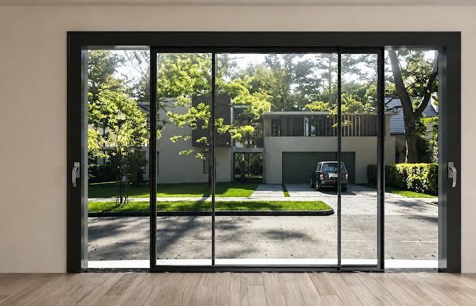 Newly installed multi-panel sliding glass door
